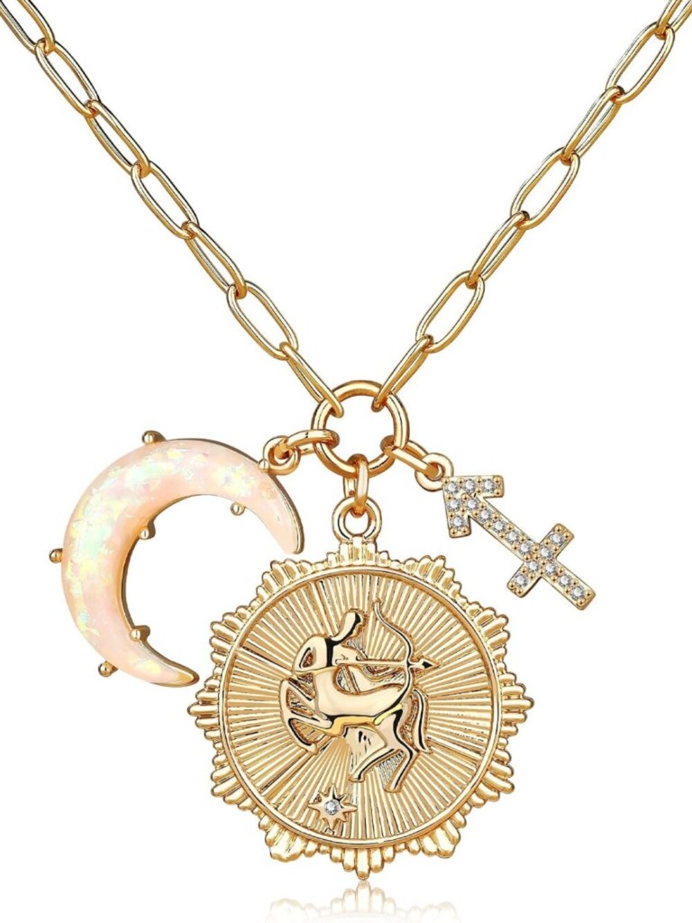 Dainty Gold Zodiac Coin Necklace with Opal Moon Charm | Astrology Jewelry Gift